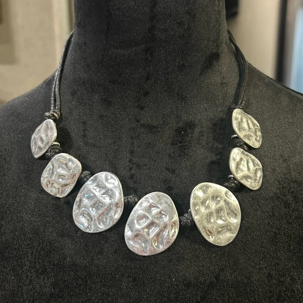 Silver Metal &‎ Faux Leather Hammered Rustic Asymmetrical Oval Pieces Necklace